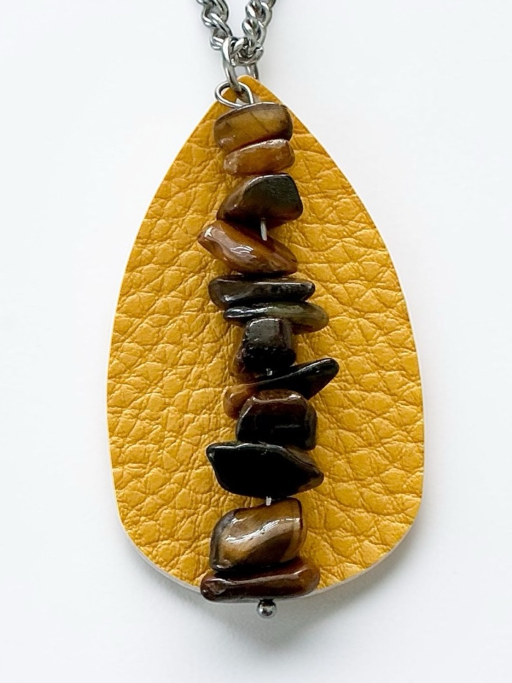 🆕 Gemstones and Faux Leather Pendant Necklace-Stainless Steel